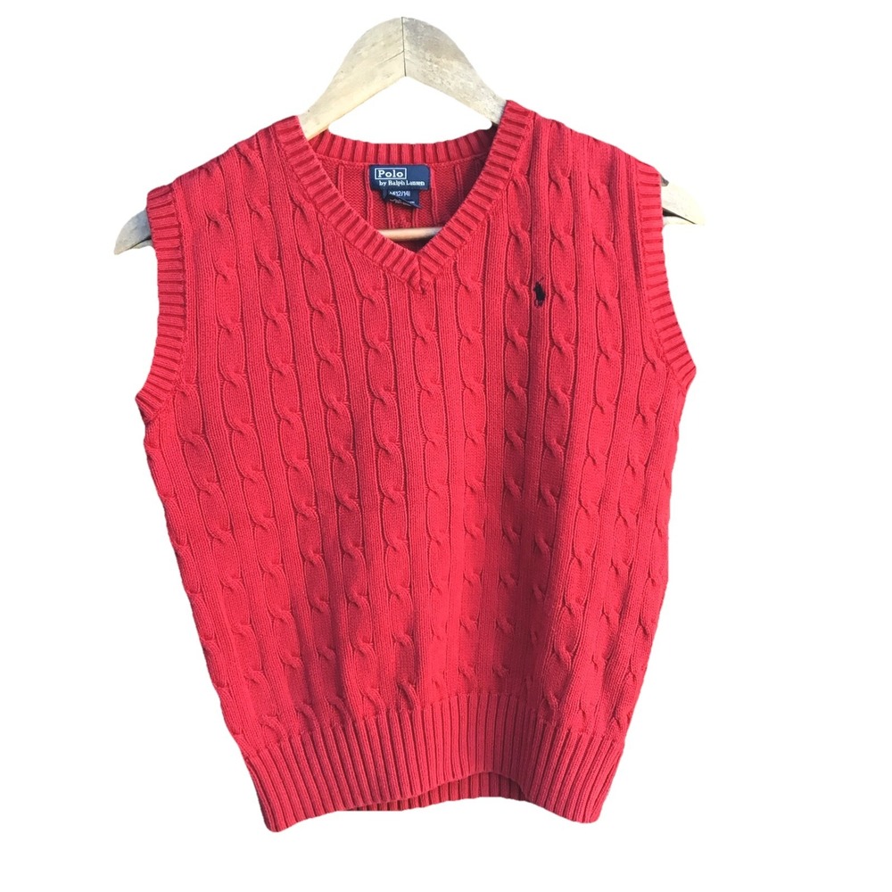 Polo Ralph Lauren Boys M 12/14 Red Cable Knit Sweater Vest Cotton Pony Logo